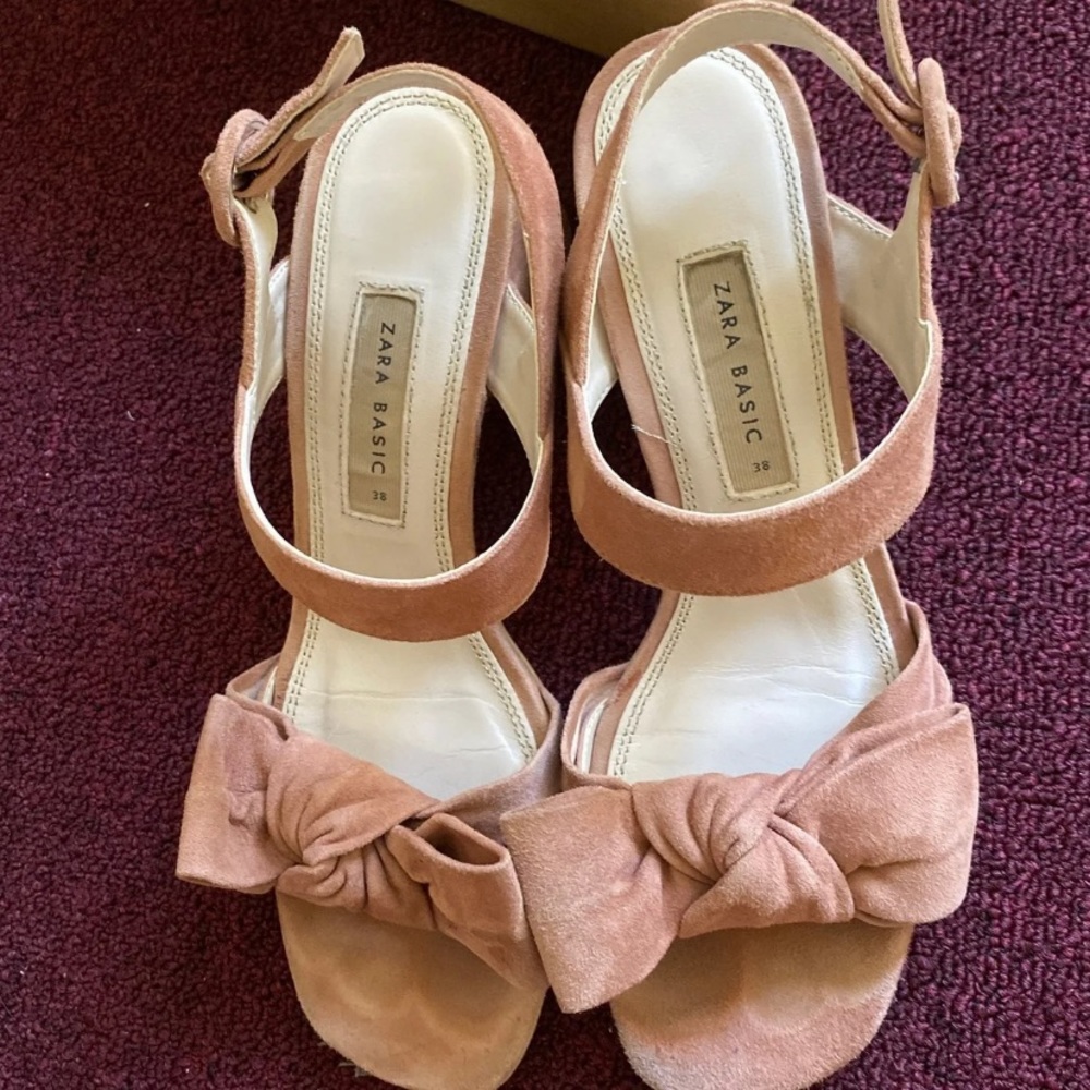 Zara Tan Suede Knot Front Block Heel Sandals - Picture 5 of 6